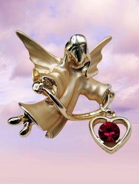 Vintage Gigi Giusti Gold Angel Pin/Brooch With Red Heart Charm